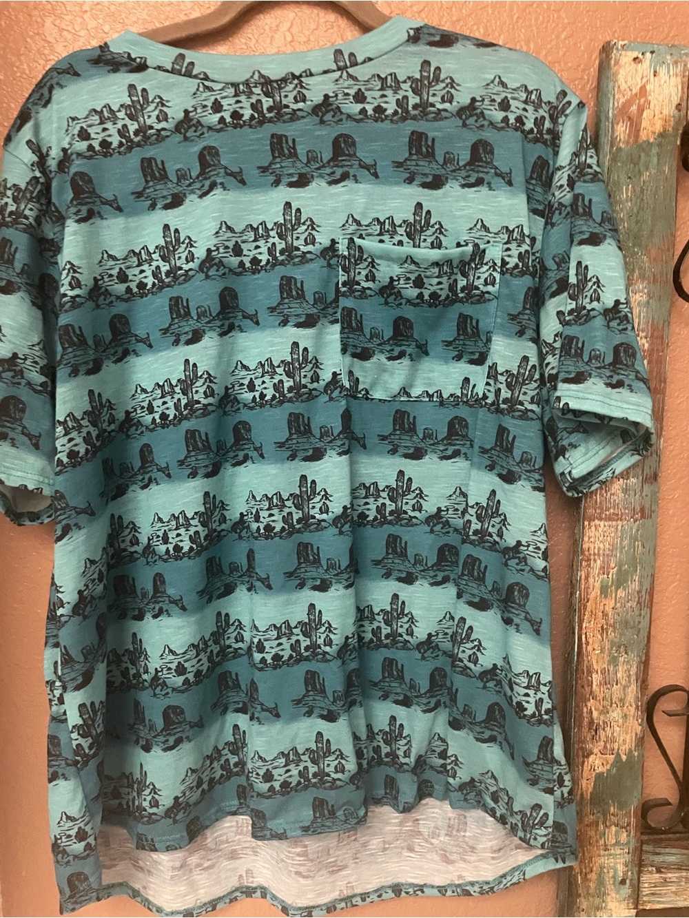 Lucky & Blessed Teal Desert-Print Short Sleeve Pocket Tee